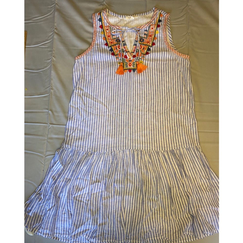 Beachlunchlounge‎ Striped Dress Women's Small Blue White Boho Embroidered